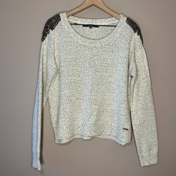 Women's L Guess Embellished Sweater White Metallic Gold Thread Crew Neck - Picture 2 of 10